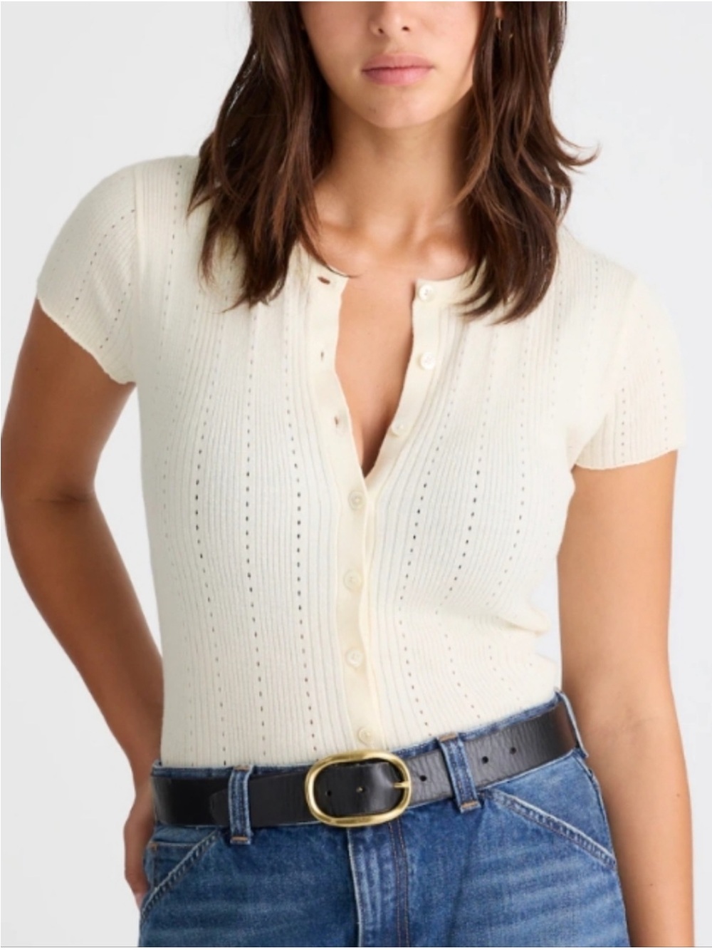 Madewell Cotton-Blend Pointelle Short-Sleeve Cardigan Size Small EUC Vintg Ivory